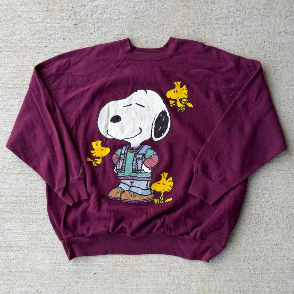 Vintage 90s Snoopy Woodstock Denim Vest Sweatshirt Maroon Burgundy Crewneck